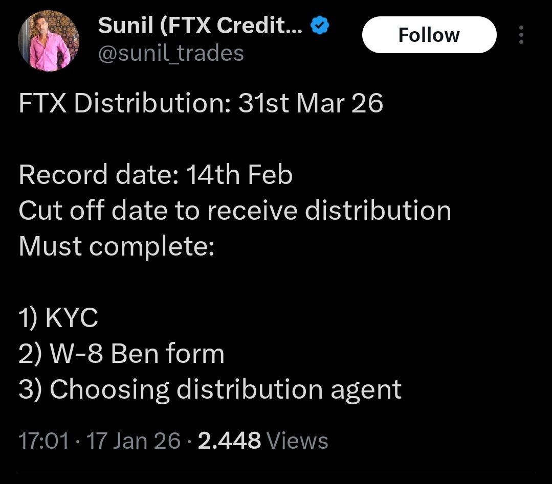 FTX赔付计划重大进展：Sunil确认3月31日启动支付，2月14日为KYC完成者记录日期