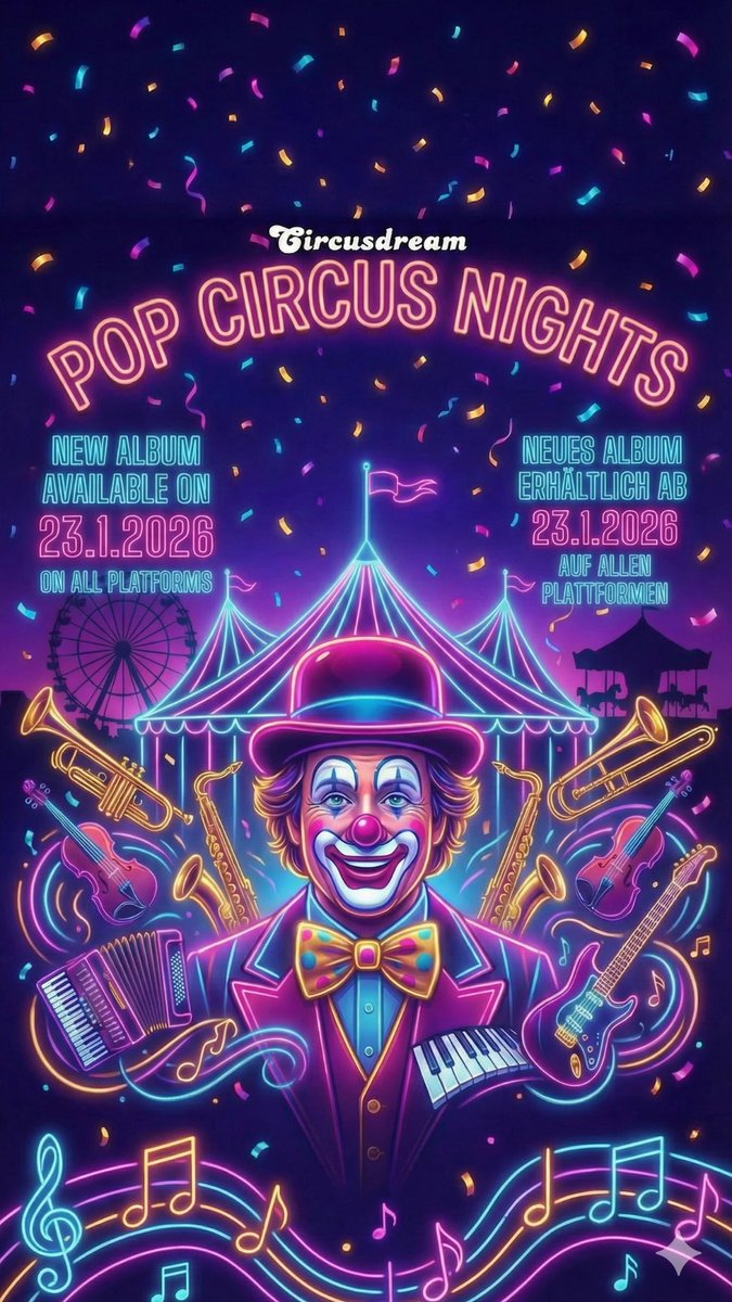 Hereinspaziert! 🎪✨ Das Warten hat ein Ende. Unser neues Album "POP CIRCUS NIGHTS" erscheint am 23.1.2026 auf allen Plattformen! Macht euch bereit für das Spektakel. 🎺🎸🎹
#Circusdream #PopCircusNights #NeuesAlbum2026 #NewMusic