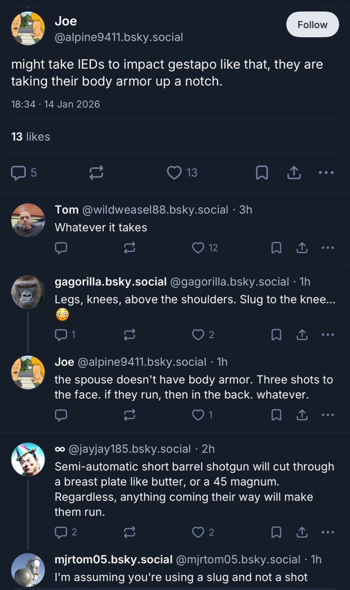 Users on BIuesky are now plotting to assasslnate ICE agents families.

wtf is wrong with these people!?