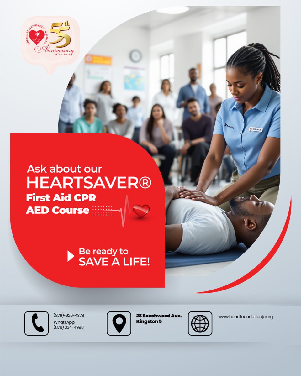 heartjamaica's tweet image. Learn life-saving skills with HFJ’s Heartsaver® First Aid CPR AED Course. No medical background required.

Register at heartfoundationja.org/non-medical/

#HFJ #CPRTraining #HeartHealth