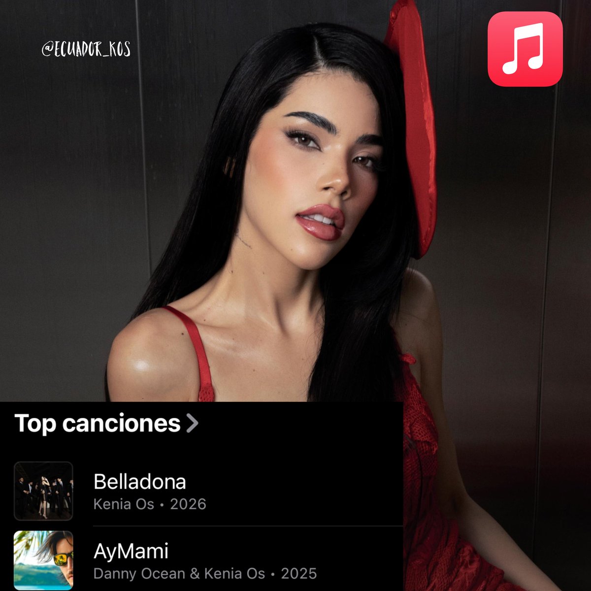 Ecuador_KOS's tweet image. "Belladona" es ahora la canción de @KeniaOs más escuchada actualmente en Apple Music Ecuador superando a "AyMami". 🦂