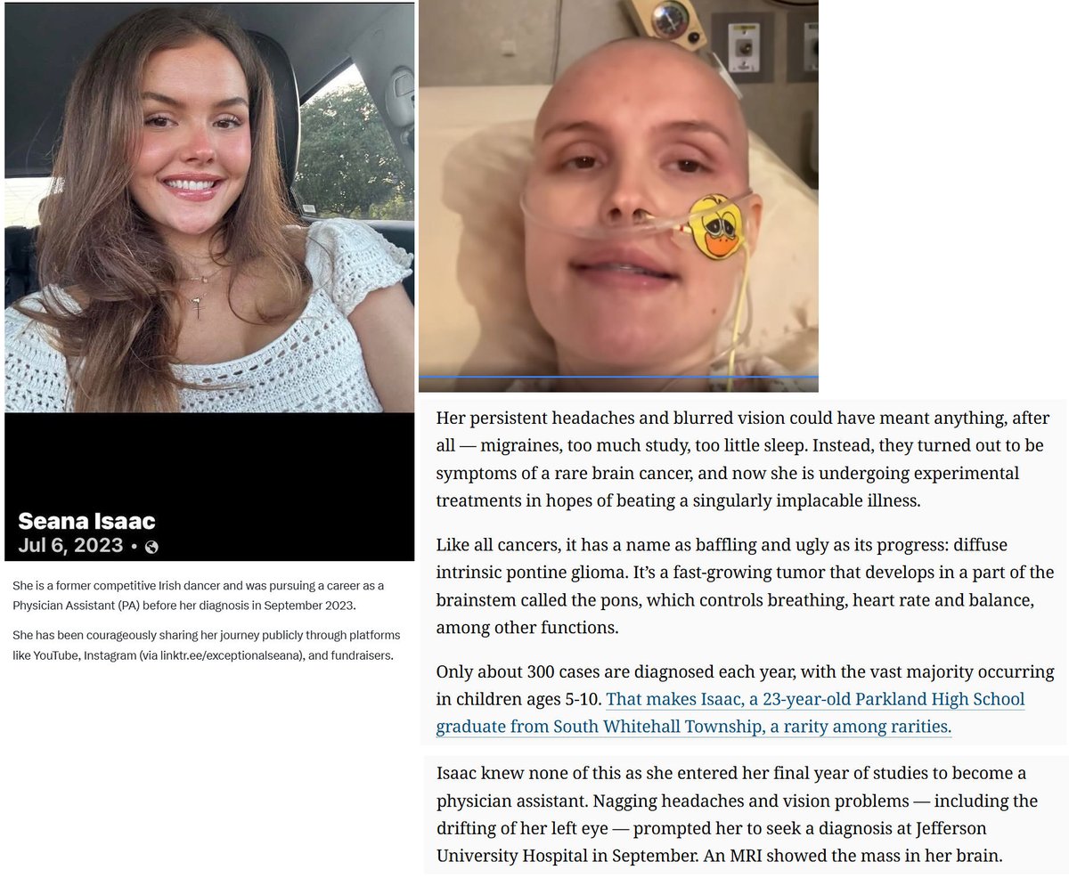 24 year old Seana Isaac, from Pennsylvania, in her final year studying to become a Physician Assistant

was diagnosed with an extremely rare brainstem tumor (DIPG) in Sep.2023.

I am seeing these DIPG tumors spiking in Pfizer and Moderna COVID-19 mRNA Vaccinated children.