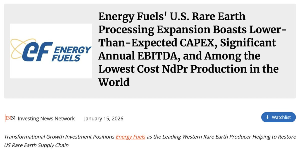ENERGY FUELS UNVEILS A RARE EARTH GAME-CHANGER: WORLD-LEADING LOW COSTS

Energy Fuels ( $UUUU/ $EFR ) releases a Bankable Feasibility Study for its Phase 2 rare earth expansion. The economics are exceptional.

STANDOUT ECONOMICS: LOW CAPEX, HIGH RETURNS
✅ Initial CAPEX: $410