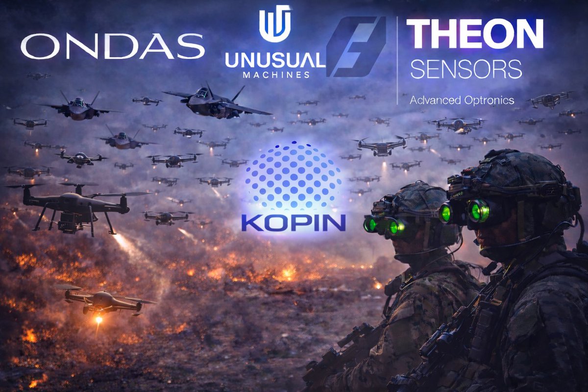 <a href="/kopin/">Kopin</a> alignment with <a href="/theonintl/">THEON INTERNATIONAL</a> <a href="/UnusualMachines/">Unusual Machines</a> , and <a href="/OndasHoldings/">Ondas Inc.</a> strengthens a 
USA 🇺🇸 centric defense ecosystem—driving innovation in vision systems, autonomy, and battlefield awareness.
$KOPN $ONDS $UMAC $THEON