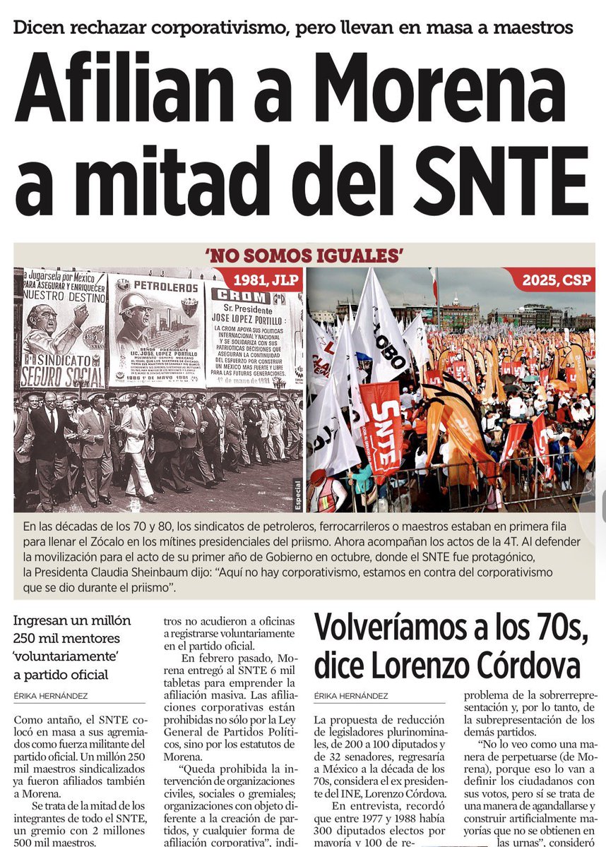 DeniseDresserG's tweet image. Aquí México regresando a los 70s, la era del corporativismo estatal, los sindicatos actuando como brazo político del partido-gobierno, y las reglas electorales diseñadas para asegurar el predominio del PRI. Y para aquellos que celebran la regresión, bien vale recordar el…