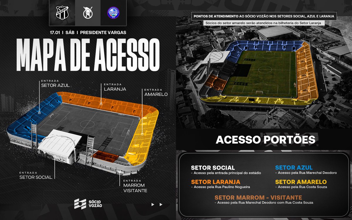 ATENÇÃO AO MAPA DE ACESSO! 🏟️

Todos os setores estarão disponíveis para o jogo deste sábado (17) no Estádio Presidente Vargas. Confira os acessos! ⚫️⚪️

🔓 Portões abrem às 14h30. Chegue cedo!

Prepara o seu manto e VAMOS JUNTOS APOIAR O VOZÃÃOOO! 👴🏁

#CearáSC