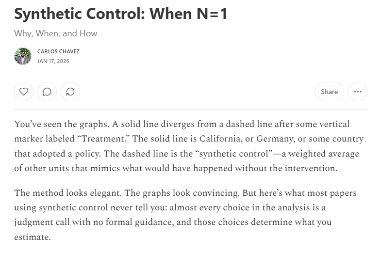 This essay is about what synthetic control actually estimates, why inference with a single treated unit is genuinely difficult, and what questions you should ask before believing any synthetic control study, including your own.

Link: open.substack.com/pub/carloschav…