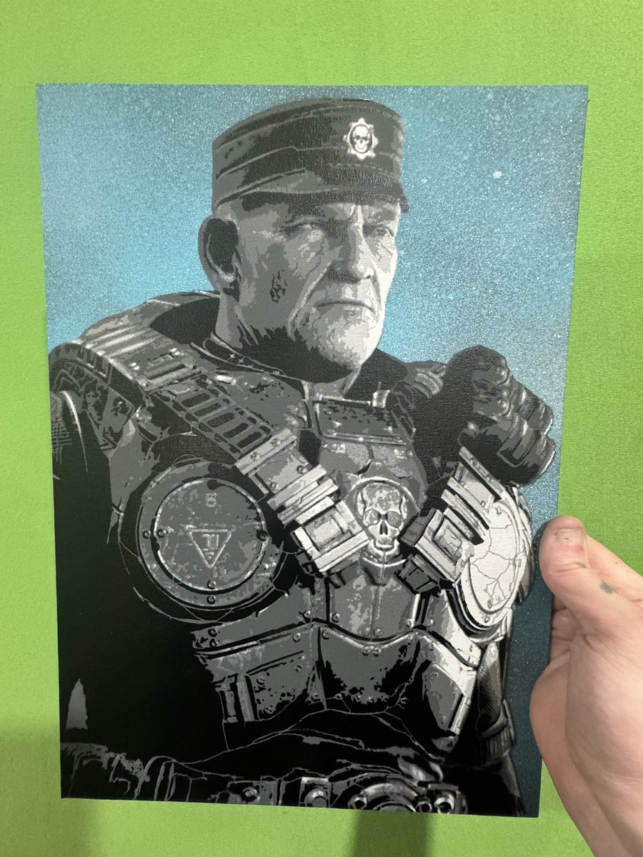 Bfl_Abdn's tweet image. Hoffman, 7 layer stencil, spraypaint on canvas board. Loving the detail in the armour eh. #gearsofwar #hoffman #spraypaint