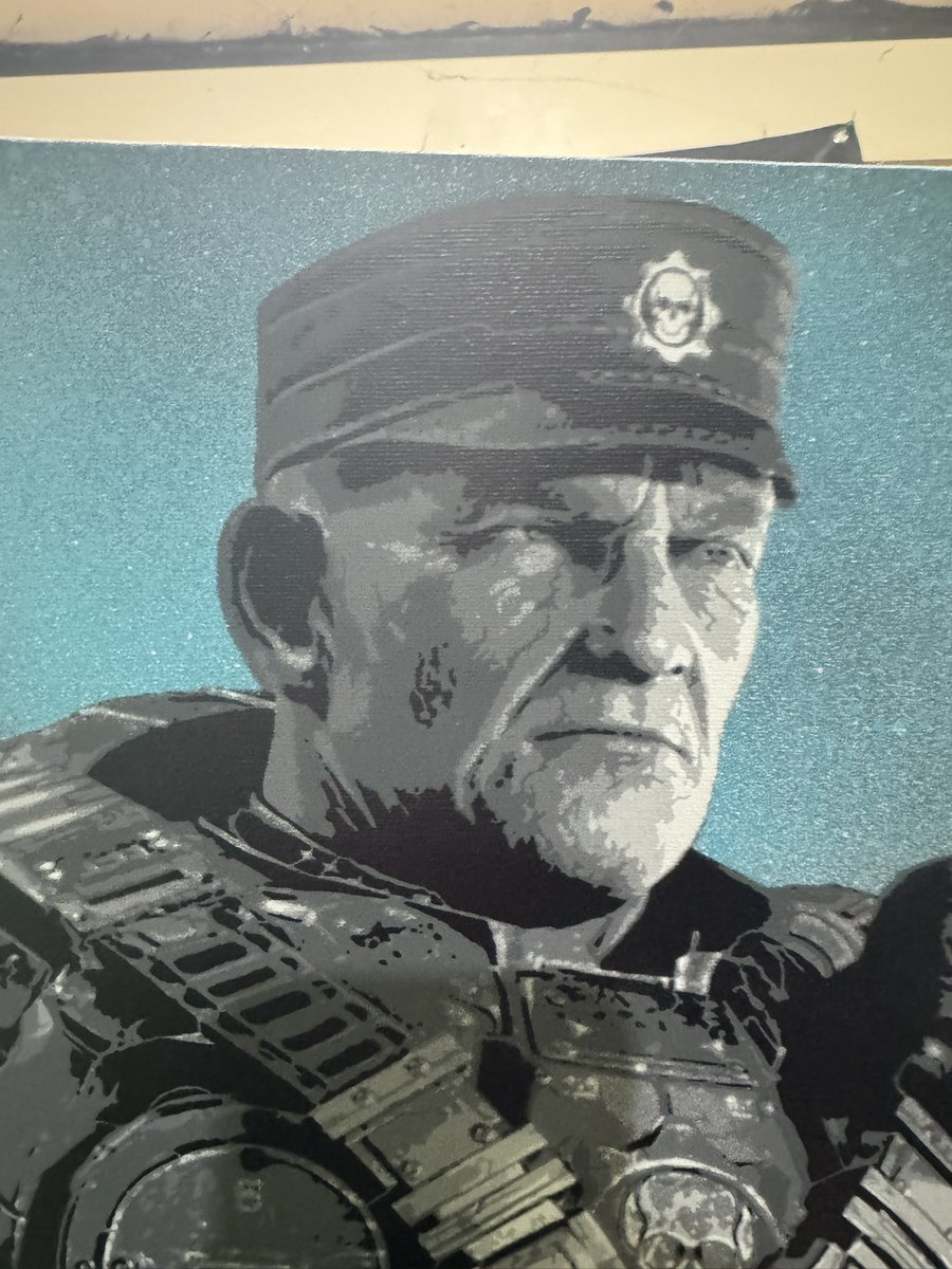 Bfl_Abdn's tweet image. Hoffman, 7 layer stencil, spraypaint on canvas board. Loving the detail in the armour eh. #gearsofwar #hoffman #spraypaint