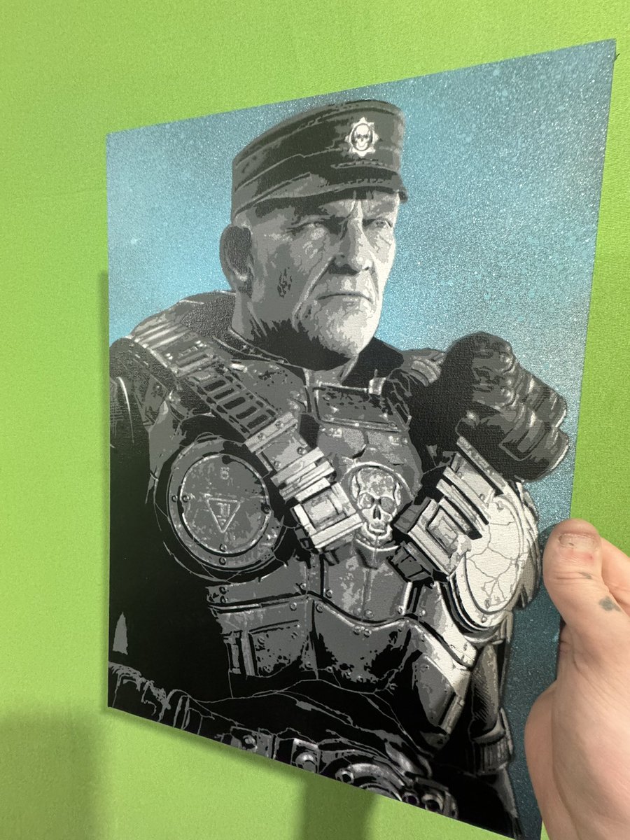 Bfl_Abdn's tweet image. Hoffman, 7 layer stencil, spraypaint on canvas board. Loving the detail in the armour eh. #gearsofwar #hoffman #spraypaint