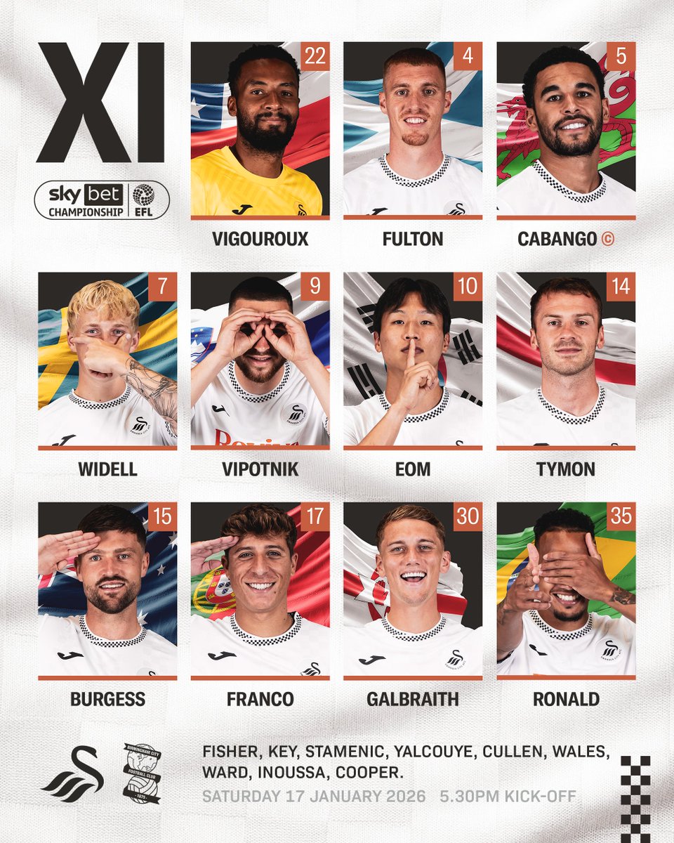 Your Swans team to take on <a href="/BCFC/">Birmingham City FC</a> this afternoon 🦢