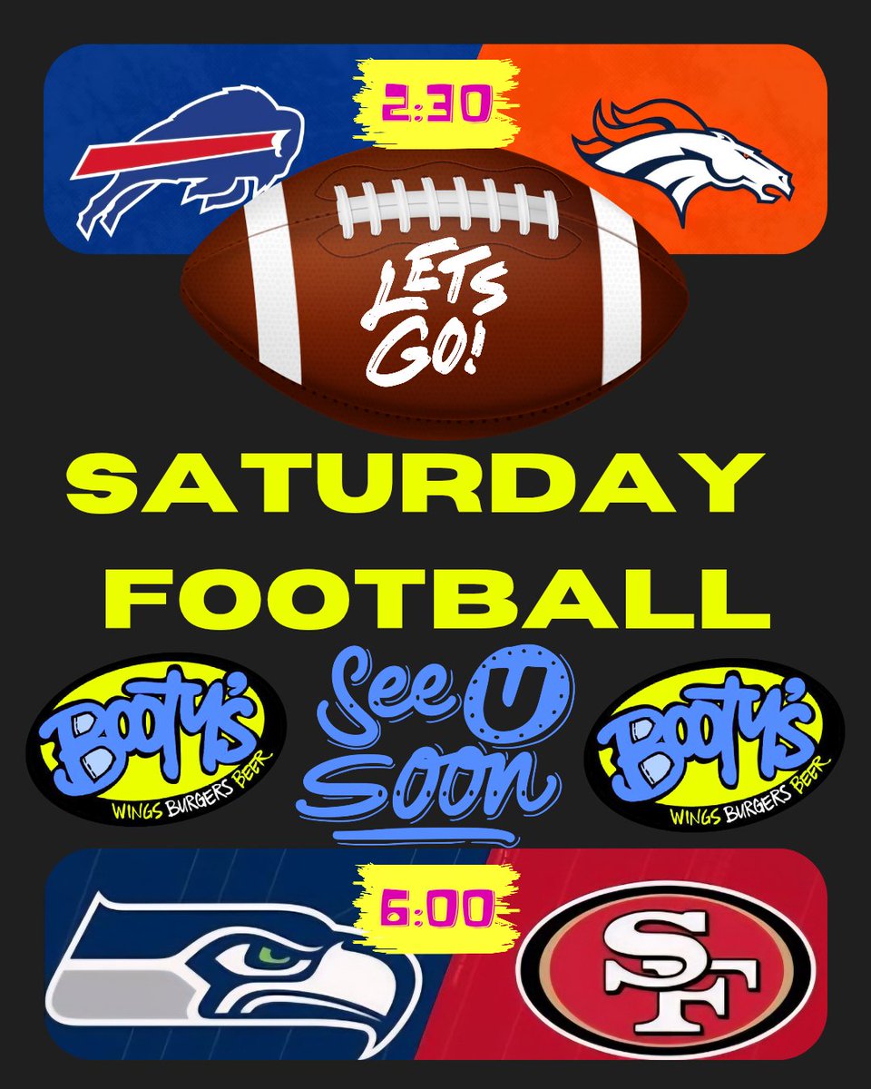 bootyswings's tweet image. 🏈 IT'S DIVISIONAL ROUND SATURDAY! 🏈
NFL playoff football is HERE and we're ready to host you for all the action!
📺 2:30 - Bills vs Broncos
📺 6:00 - Seahawks vs 49ers
Come catch every touchdown at Booty's!
Great food, Cold drinks &amp;amp; all the games.
See U Soon! 💙🏈