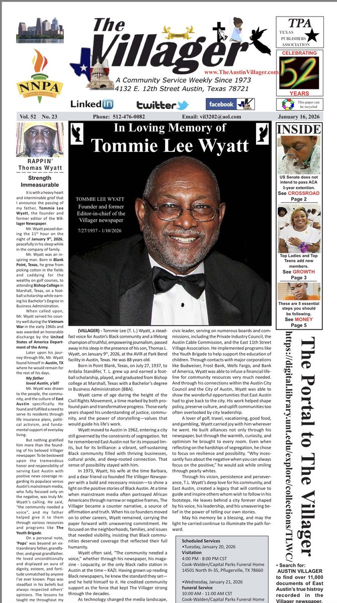 It is with heavy hearts and with abiding gratitude that we announce the passing of Mr. Tommie L. Wyatt, the owner of The Villager Newspaper in Austin, Texas. Mr. Wyatt was an Austin based publisher, best known for his newspaper The Villager, a paper focused on providing news to