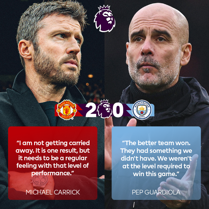 premierleague's tweet photo. Man Utd earn Manchester derby bragging rights with a thrilling performance at Old Trafford

Report 👇