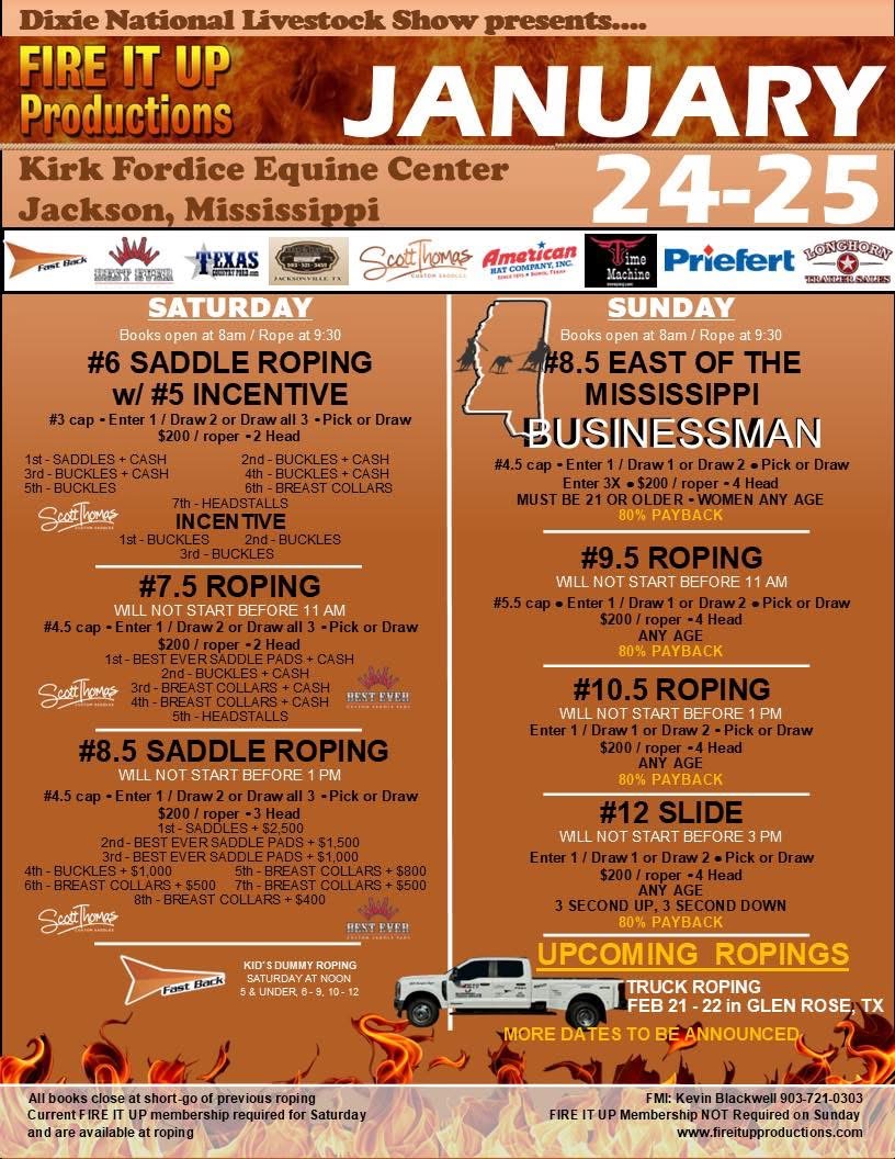 Fire It Up Productions Team Roping takes over the Kirk Fordice Equine Center January 24–25, 2026.
Roping starts at 9:30 AM — don’t miss the action! 🐎🔥