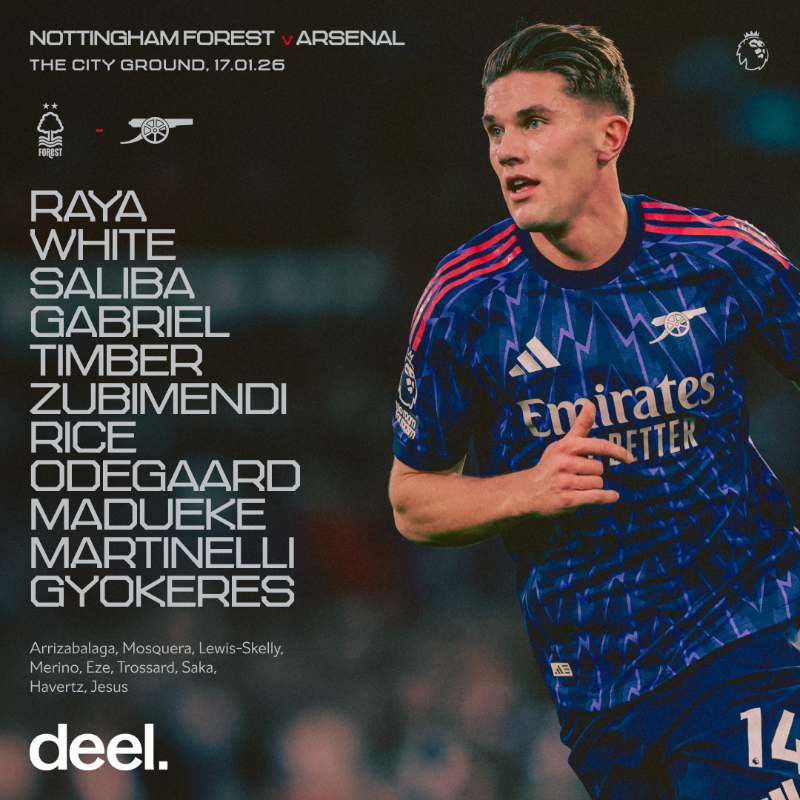Arsenal's tweet photo. 🔵 𝗧𝗘𝗔𝗠𝙉𝙀𝙒𝙎 🔴

🧤 Raya between the sticks
🧱 Saliba partners Gabriel
⚡️Madueke and Martinelli out wide

Let’s do this, Gunners ✊

🤝 Presented by @deel