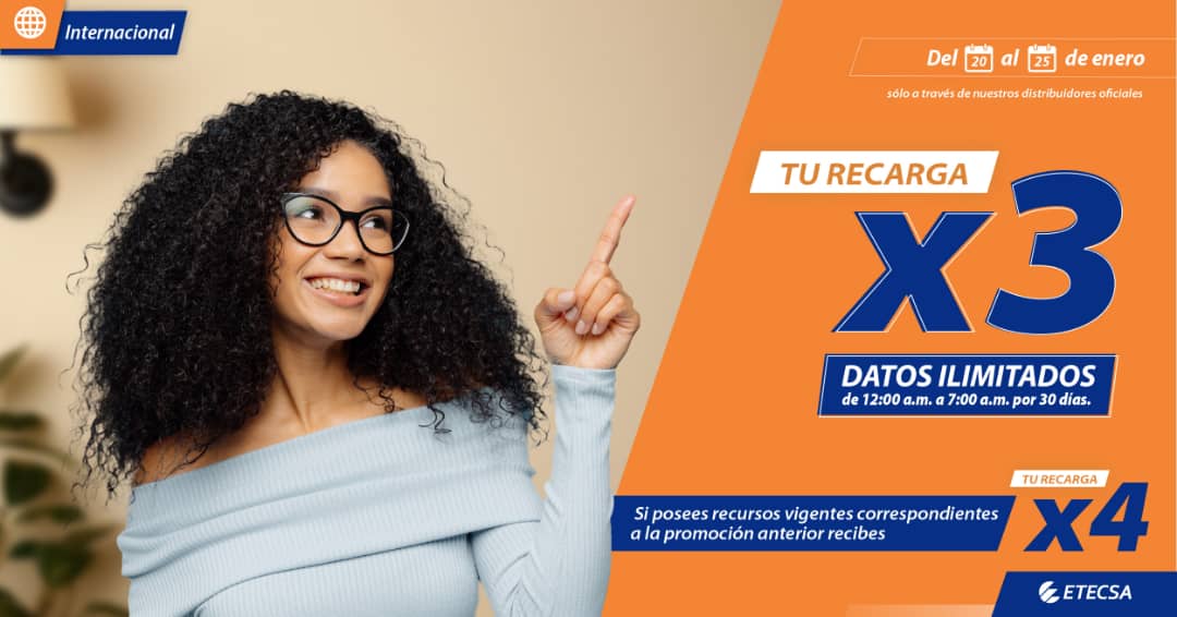 🗓Del 20 al 25 de enero, si recibes una recarga internacional entre 600 CUP y 1250 CUP, × por 3  (el monto de dinero recargado en tu saldo principal) + datos ilimitados, durante 30 días ( de 12 a.m. a 7 a.m.) Para más detalles visite etecsa.cu #RecargaInternacional