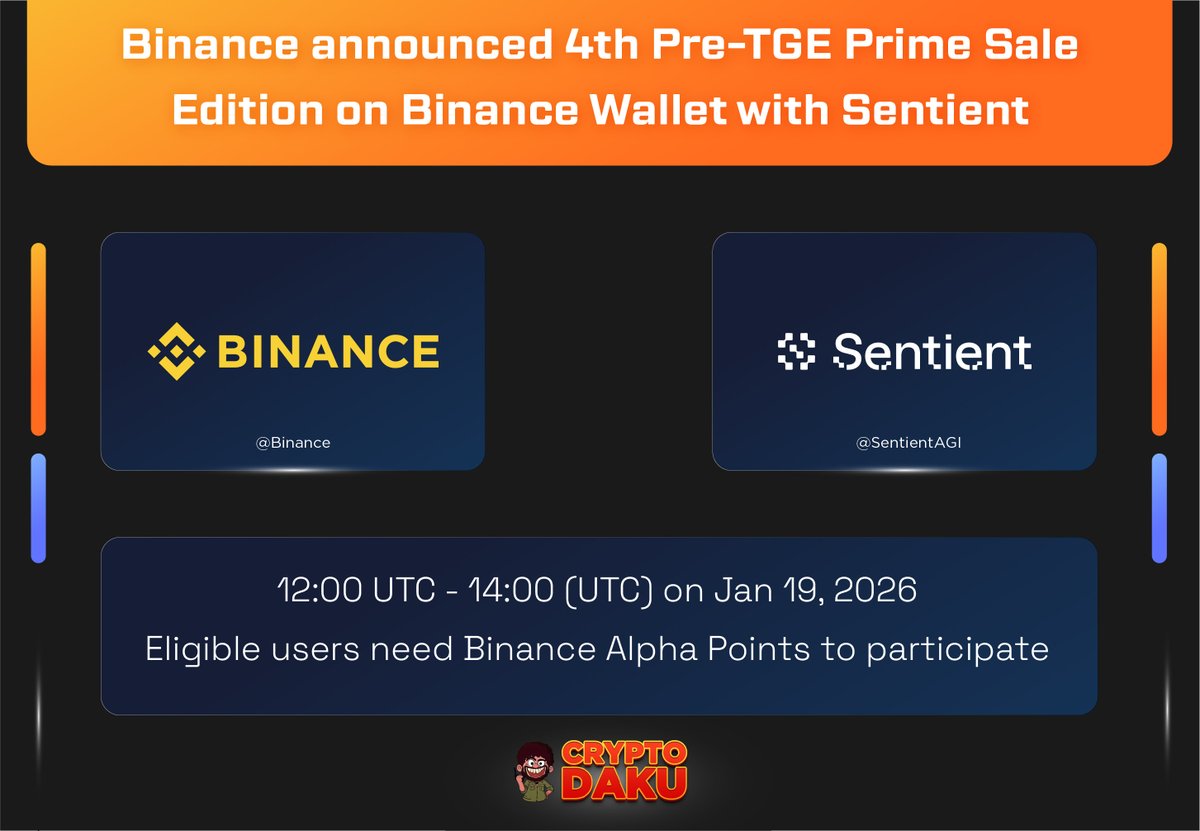The 4th Pre-TGE Prime Sale Edition is coming to #Binance Wallet, featuring  SentientAGI ( $SENT). 🗓 Date: Jan 19, 2026 ⏰ Time: 12:00 – 14:00 UTC 📌  Requirement: Eligible users must hold Binance Alpha Points