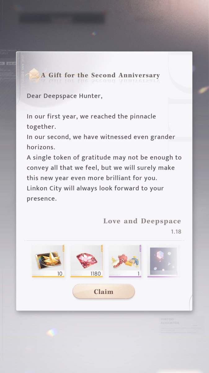 NightingaleMiru's tweet image. Check your mailbox!📫

A Gift for the Second Anniversary
[Deepspace Wish] * 10
[Diamond] *1,180
Universal Headwear [Plushie Birthday Party]
Effect [Colorful Cascade]

*The mail delivery time varies for each server
#LoveandDeepspace #恋と深空 #恋与深空 #러브앤딥스페이스