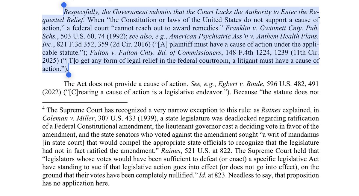 cheuph's tweet image. DOJ re: Epstein files:
“Respectfully, the Government submits that the *Court* Lacks the Authority to Enter the Re-
quested Relief. When “the Constitution or laws of the United States do not support a cause of
action,” a federal court “cannot reach out to award remedies.”