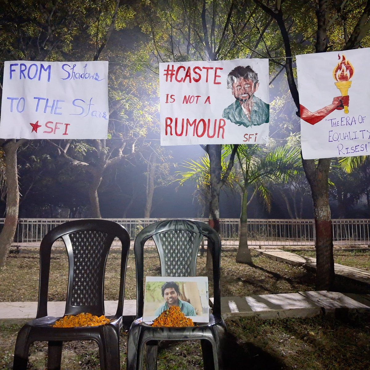 SfiBbau's tweet photo. On the 10th death anniversary of Rohith Vemula, SFI BBAU remembered him by exhibiting a collection of posters. He was a bright student who aspired to become a writer of science. Rohith Vemula was a victim of institutionalised oppression.
From shadows to the stars.
#RohithVemula https://t.co/nzJ0hoIAiw