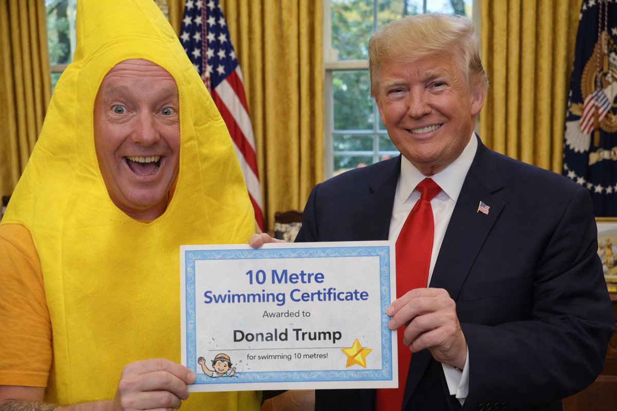 Popped to Washington to give <a href="/realDonaldTrump/">Donald J. Trump</a>  my 10m swimming certificate.  #USA #trump #swimming #banana