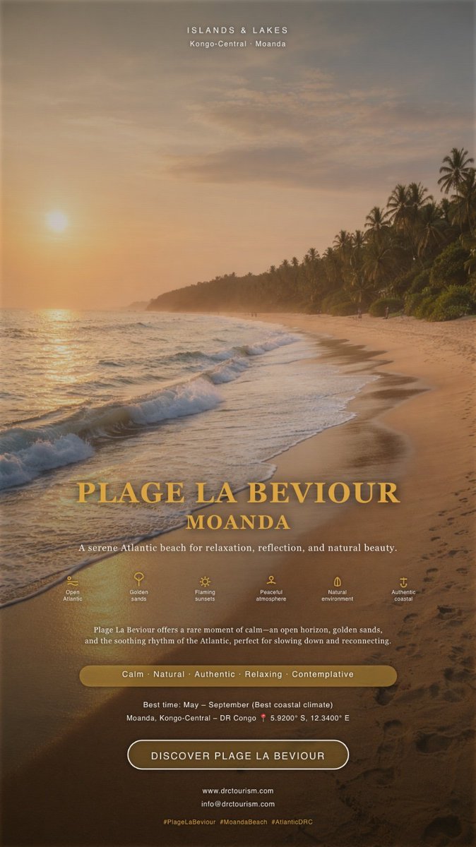 drctourism11's tweet image. Plage La Beviour – Moanda, Kongo Central
A wild Atlantic beach opening onto endless horizons—perfect for contemplation, sunsets, and coastal serenity.
#LaBeviour #Moanda #AtlanticCoast #VisitDRC #KongoCentral #BeachEscape #NatureAndSoul
