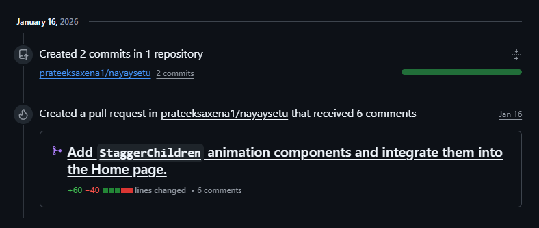 prateeksaxennaa's tweet photo. Day 16 of Daily GitHub Commit(2026)

Implemented 'Persona Flows' on the Nayaysetu Home page. Added a "Choose Your Situation" strip that lets users instant-scroll directly to their specific legal rights. Making info accessible with just one click

Back tomorrow
#BuildingInPublic https://t.co/vbLco4CxOi