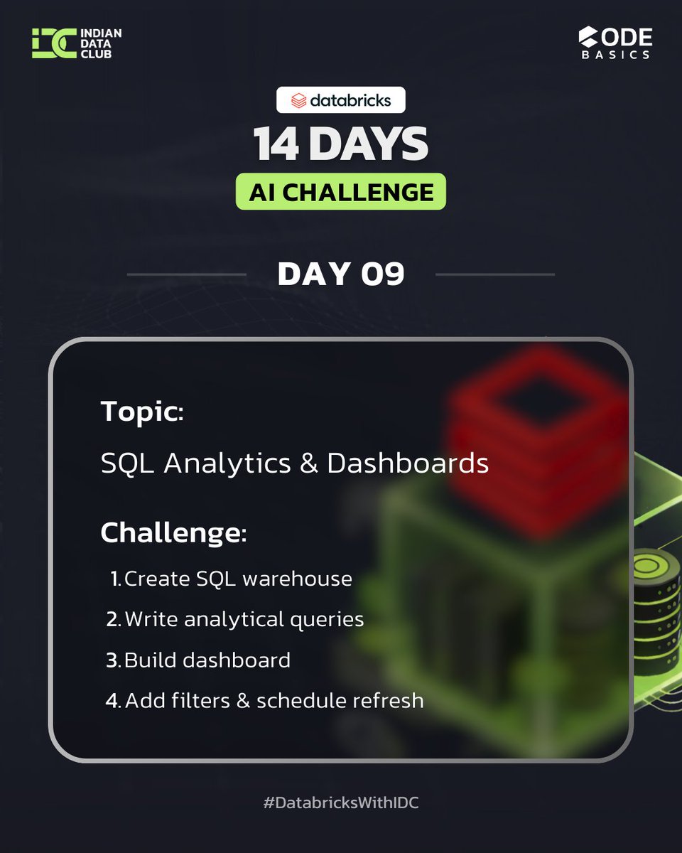 vinitsolanki111's tweet photo. Day 9 | 14 Days AI Challenge 🚀
Built analytics using Databricks SQL.
Created top products and funnel metrics from Gold tables.

@indiandataclub @databricks
#Day9  #DatabricksSQL #Analytics #DatabricksWithIDC
PS: Couldn’t build the dashboard today due to time constraints. https://t.co/0TLD19vxr3