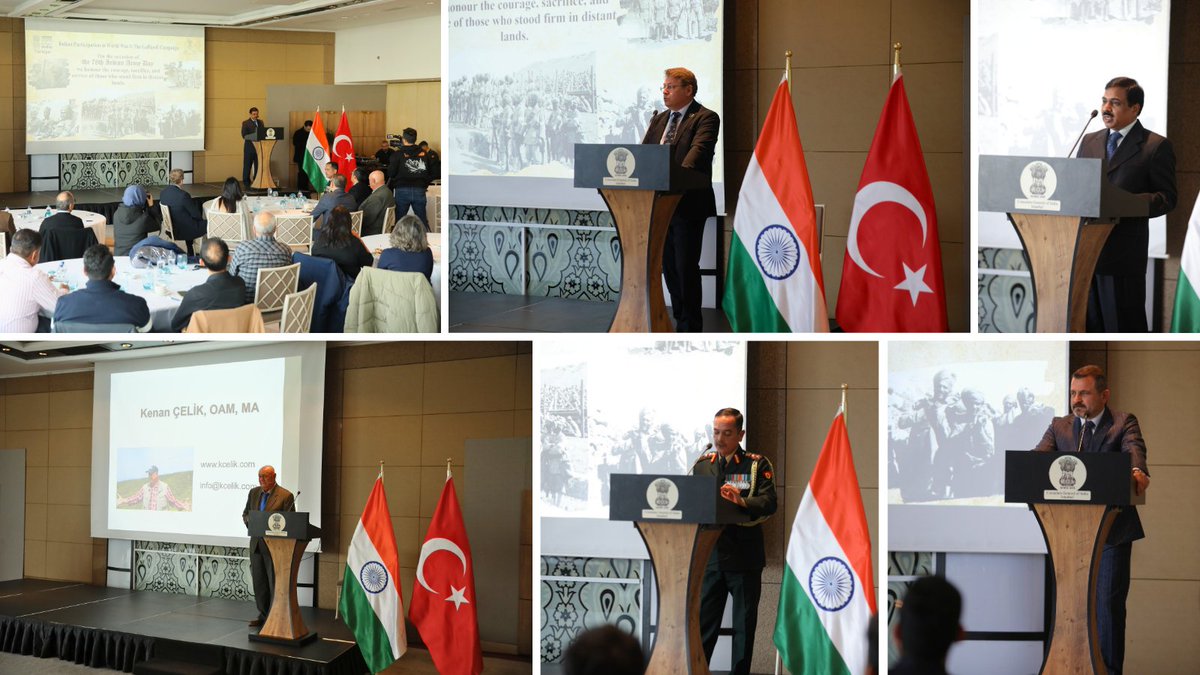 IndiaInTurkiye's tweet photo. On the occasion of the 78th #ArmyDay, a wreath-laying ceremony was held at Haydarpaşa Cemetery, Istanbul, to honour the courage, sacrifice and steadfast service of Indian soldiers who served on distant lands.

The commemoration was followed by a talk on “Indian Participation in World War I: The Gallipoli Campaign”, reinforcing shared history by Ambassador @MukteshPardeshi, Mr. İsmail Kaşdemir, Director of Çanakkale Wars Gallipoli Historical Site, Mr. Burak Gündoğan, Country Manager CWGC, Mr. Kenan Çelik, OAM, MA WW-I Historian, and Sqn. Ldr. RTS Chinna, MBE (Retd), Military Historian. 

The event was attended by members of the Indian diaspora, representatives of the local administration and select members of the diplomatic community.

.

78.⁠ ⁠#ArmyDay vesilesiyle, uzak coğrafyalarda görev yapmış Hintli askerlerin cesareti, fedakârlığı ve sarsılmaz hizmetini onurlandırmak amacıyla İstanbul Haydarpaşa Mezarlığı’nda bir çelenk koyma töreni düzenlendi.

Anma programının ardından, Büyükelçi @MukteshPardeshi, Sayın İsmail Kaşdemir (Çanakkale Savaşları Gelibolu Tarihi Alan Başkanı), Sayın Burak Gündoğan (CWGC Türkiye Ülke Müdürü), Sayın Kenan Çelik, OAM (I. Dünya Savaşı Tarihçisi) ve Sqn. Ldr. RTS Chinna, MBE (Emekli Komutan) (Askerî Tarihçi) tarafından sunulan “I. Dünya Savaşı’nda Hindistan’ın Katılımı: Gelibolu Harekâtı” başlıklı bir konuşma gerçekleştirildi. Etkinlik, ortak tarih bilincini pekiştirdi.

Program; Hindistan diasporası mensupları, yerel yönetim temsilcileri ve diplomatik misyonlardan seçkin davetlilerin katılımıyla gerçekleştirildi.

#ArmyDay2026 #IndianArmyDay

@adgpi @HQ_IDS_India
@MEAIndia @IndianDiplomacy @CGI_Istanbul