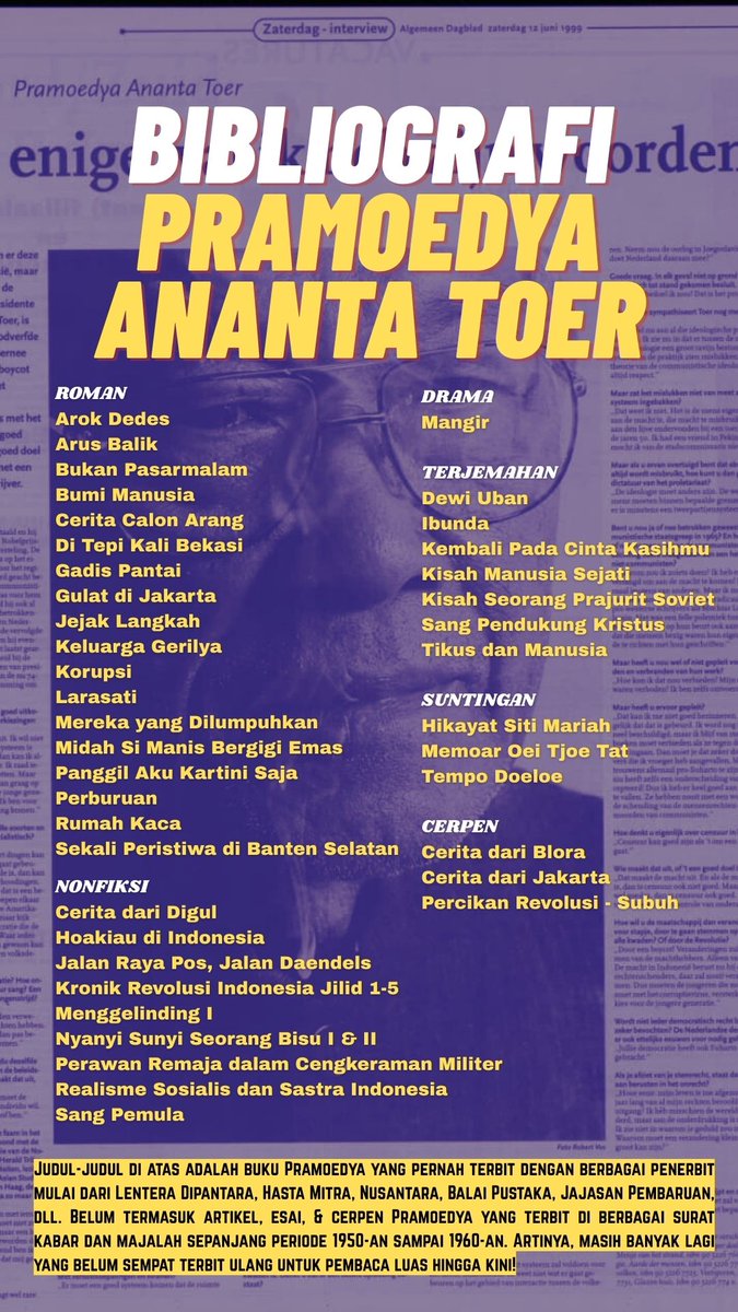 jalurgaza_'s tweet image. Iseng mencoba membuat daftar karya Pramoedya yang pernah terbit sejak awal sampai kini.

Bayangkan, dari segini banyak, dalam #SeabadPram baru empat judul aja yang dicetak ulang (kecuali judul-judul terbitan KPG yang memang rutin cetak ulang tanpa momentum).