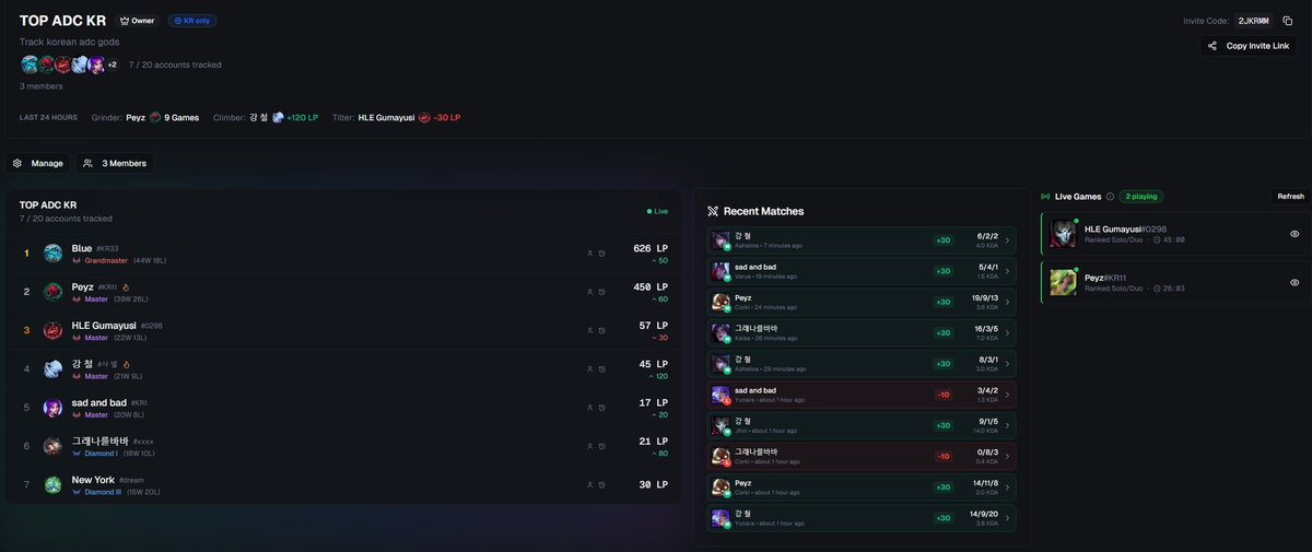 Track all your favourite pros, streamers or just race your friends, all in one place. Check their live games, their history or just stalk their LP gains. Who will stay at the top of your friendgroup? Work in progress, if you you are interested in testing soon shoot me a dm.