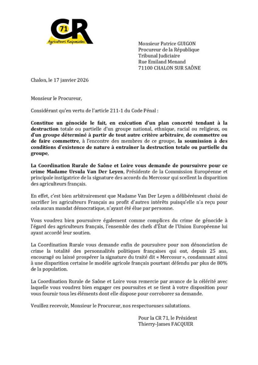 LeDirectInfo's tweet image. 🇫🇷 ALERTE l La @coordinationrur annonce qu’elle déposera plainte demain contre Ursula von der Leyen, pour des faits qu’elle qualifie de “génocide à l’encontre des agriculteurs”.

Un ❤️ si tu soutiens les agriculteurs 

⚠️ PARTAGER ⚠️