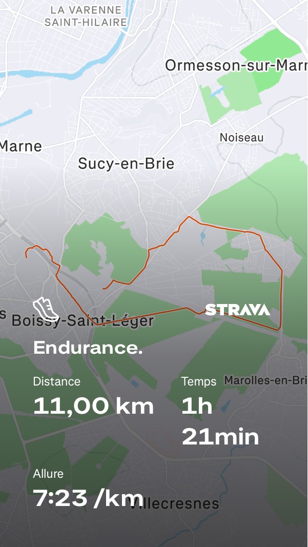 Plan d’entraînement RunMotion Coach pour L'Ultra Marin (sortie numéro 6 en mode #Endurance) : 11 kilomètres en 1:21:17 (7:23 min/km).