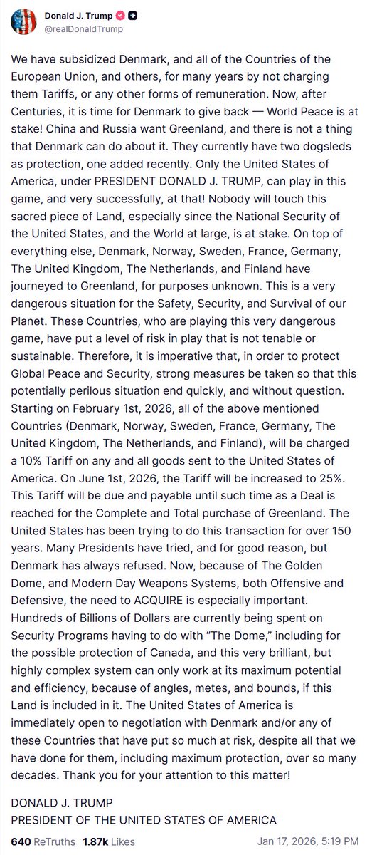 Investeraren's tweet image. Donald Trump inför strafftullar om 10% på bl.a. Sverige för att vi står upp för 🇬🇱 Grönland. Tullarna ökar till 25% den första juni och kommer att vara kvar fram tills dess att USA köpt landet, skriver han #PrataPengar #Finanstwitter