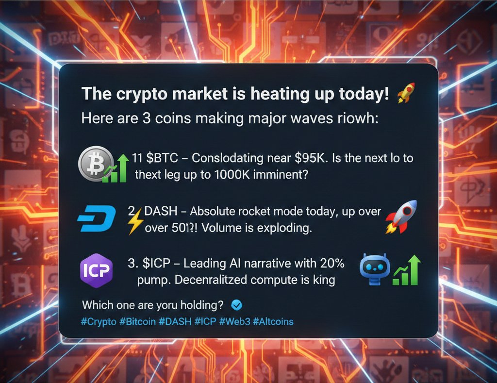 The crypto market is heating up today ! Here are 3 coins making major waves  right now: 1. $BTC – Consolidating near $95K. Is the next leg up to $100K  imminent ?