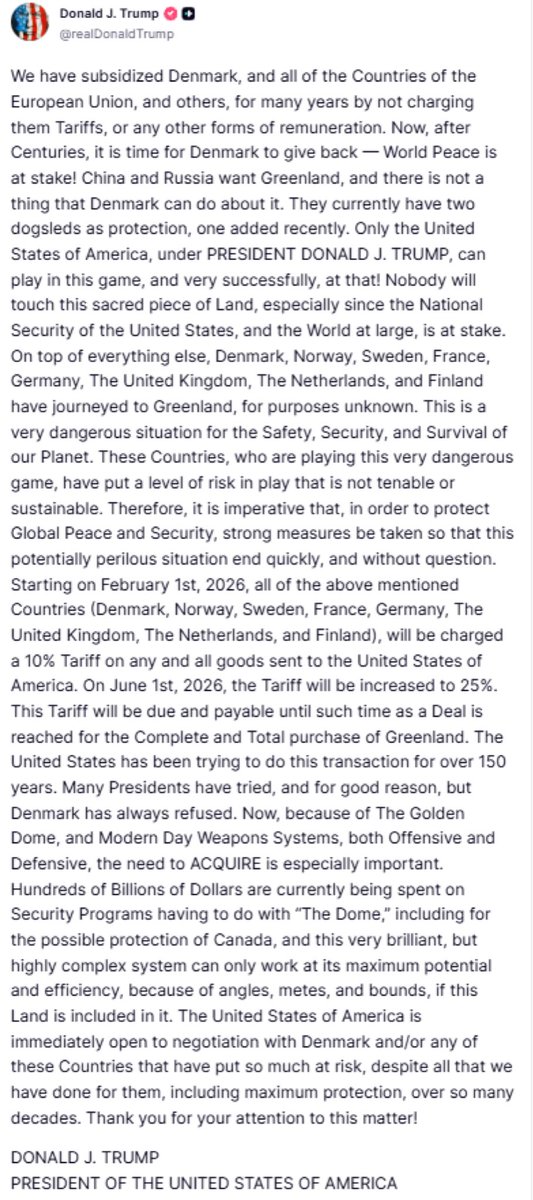AlertaNews24's tweet image. 🇺🇸🇬🇱 | AHORA: Trump: "Hemos subvencionado a Dinamarca, a todos los países de la Unión Europea y a otros durante muchos años, evitando cobrarles aranceles o cualquier otra forma de remuneración. Ahora, después de siglos, es hora de que Dinamarca retribuya: ¡la paz mundial está en…