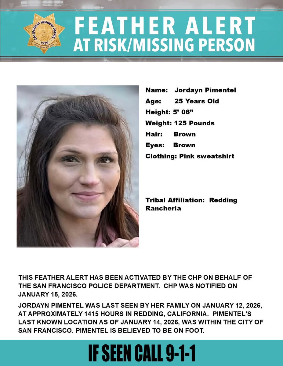 KatKatButterfly's tweet image. #FEATHERALERT
San Francisco, California 

#California Highway Patrol CHP-Alerts has activated a Feather Alert on behalf of the San Francisco Police Department and seeking public assistance locating 25-year-old Jordayn Pimentel
#MissingGirl #MissingPerson #Missing #JordaynPimentel