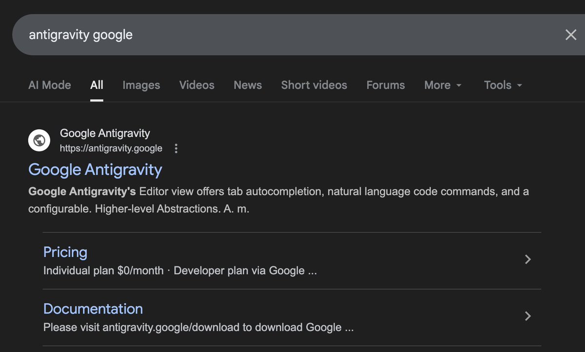Idk who needs to see this but Google's favicon updater in search results seems busted. Big sites, even Google's Antigravity, show up with no favicon.

also see: x.com/rincidium/stat…