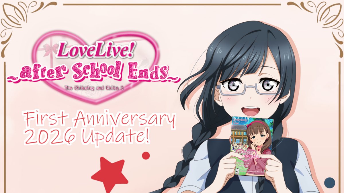 The_Chikafag's tweet image. It's been a year since Love Live! ~After School Ends~ was released. Thank you to everyone who has downloaded it so far!🙏
To celebrate, I've released an update that adds a new chapter selection feature and more!
Clicc the link to check it out~!🎀
thechikafag.itch.io/afterschoolend…