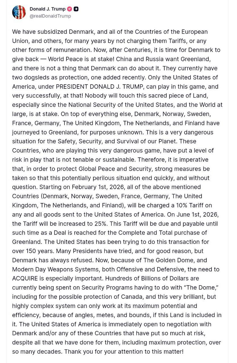 wartranslated's tweet image. Trump slaps allies with Greenland tariffs. From Feb 1, Denmark, Norway, Sweden, France, Germany, UK, Netherlands, and Finland face 10% on all exports. June 1, it jumps to 25%.