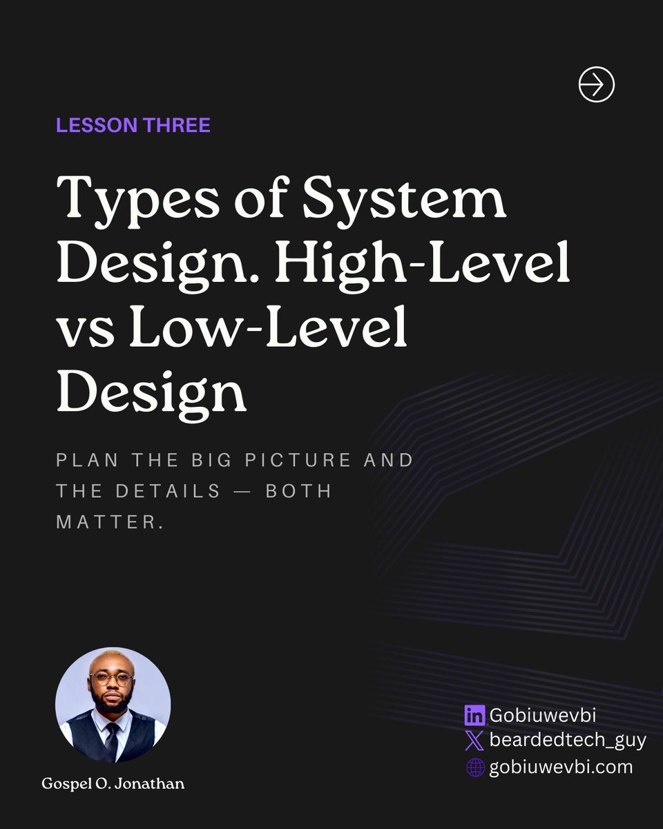 beardedtech_guy's tweet photo. 𝗗𝗮𝘆 𝟯 𝗼𝗳 𝟭𝟬𝟬
#100DaysOfSystemDesign

Now that we understand why system design matters, let’s look at the two main ways it is approached.

𝗧𝘆𝗽𝗲𝘀 𝗼𝗳 𝘀𝘆𝘀𝘁𝗲𝗺 𝗱𝗲𝘀𝗶𝗴𝗻
There are two key levels: High-Level Design (HLD) and Low-Level Design (LLD).

High-Level Design (HLD) focuses on the big picture. It defines how major components interact, how data flows, how traffic is handled, and how the system grows without breaking.

Low-Level Design (LLD) focuses on the details. It defines how individual components work internally, how requests are processed, how data is stored, and how logic is executed.

𝗕𝗮𝗰𝗸 𝘁𝗼 𝗼𝘂𝗿 𝗿𝗲𝘀𝘁𝗮𝘂𝗿𝗮𝗻𝘁 🍽️
HLD is deciding how many kitchens you need, how many tables fit the space, and which staff handles dine-in versus delivery. It’s planning for success before the first customer walks in.

LLD is deciding how each chef prepares a meal, the exact steps they follow, the tools they use, and how food moves from the kitchen to the table during a busy hour.

𝗛𝗟𝗗 𝗲𝗻𝘀𝘂𝗿𝗲𝘀 𝘁𝗵𝗲 𝘀𝘆𝘀𝘁𝗲𝗺 𝗰𝗮𝗻 𝗴𝗿𝗼𝘄.
𝗟𝗟𝗗 𝗲𝗻𝘀𝘂𝗿𝗲𝘀 𝘁𝗵𝗲 𝘀𝘆𝘀𝘁𝗲𝗺 𝘄𝗼𝗿𝗸𝘀.𝗚𝗼𝗼𝗱 𝘀𝘆𝘀𝘁𝗲𝗺 𝗱𝗲𝘀𝗶𝗴𝗻 𝗯𝗮𝗹𝗮𝗻𝗰𝗲𝘀 𝗯𝗼𝘁𝗵.

Read and follow me on linkedin https://t.co/OTSUmJkWQx

Tomorrow: Scaling basics 🚀

Missed day 2? here you go https://t.co/UZAFgfms9n

Inspired by @TosinOlugbenga