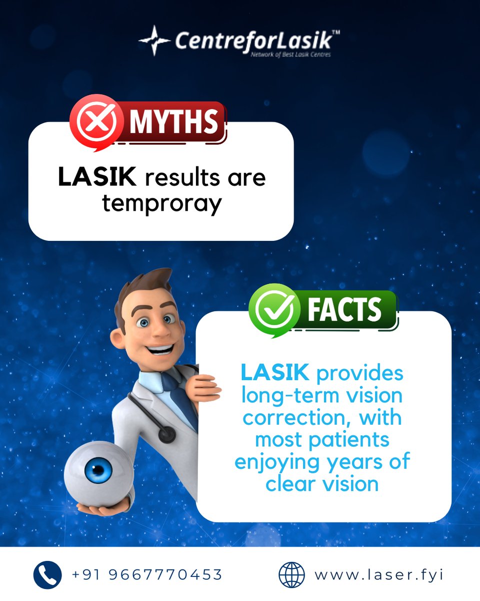 centreforlasik's tweet image. MYTH ❌: LASIK results are temporary
FACT ✅: LASIK offers long-term vision correction, helping most patients enjoy clear vision for years.
Modern technology. Proven results. Life without glasses or lenses.

👉 Book your LASIK consultation today

#LASIKFacts #LASIKMyths