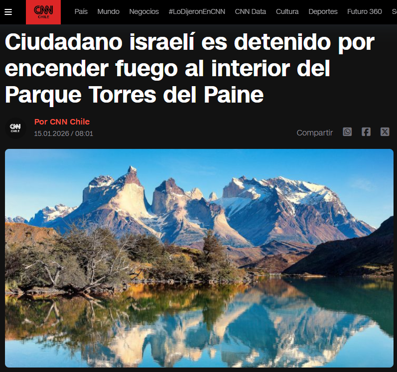 Eyaaaad's tweet image. تشيلي...

القبض على سائح أجنبي أتى من إسرائيل يقوم بإشعال النيران بطريقة ماكرة ليبدو الأمر وكأنه حادث عرضي.

السائح تم رصده في منتزه "توريس ديل باين" جنوب البلاد والتي تقع في نطاق منطقة "باتاغونيا" التي تضم تشيلي والأرجنتين معاً، وكان يشعل السجائر ويرميها في أماكن متفرقة.
(CNN)…