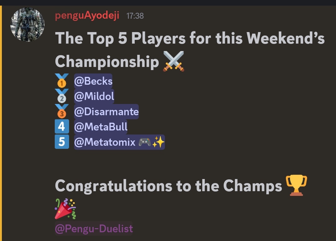New champions

Congratulations 🎉 to <a href="/SashaBecksIncov/">Becks</a> and to <a href="/mildol5/">Mildol (✸,✸)✳️</a> <a href="/disarmante_og/">Disarmante | $CHECK M8</a> <a href="/Metabull_bnb/">MetaBull</a> <a href="/Meta_Tomix/">meta-tomix ✳️</a>
Honestly I'm not happy 😄 with Mildol, 😒😒😒

<a href="/JaxOfWeb3/">Jax ✝️</a> knows why (also with Jax)

In all, congratulations 🎉 to the new champions of <a href="/PenguClash/">Pengu Clash</a> weekend championship