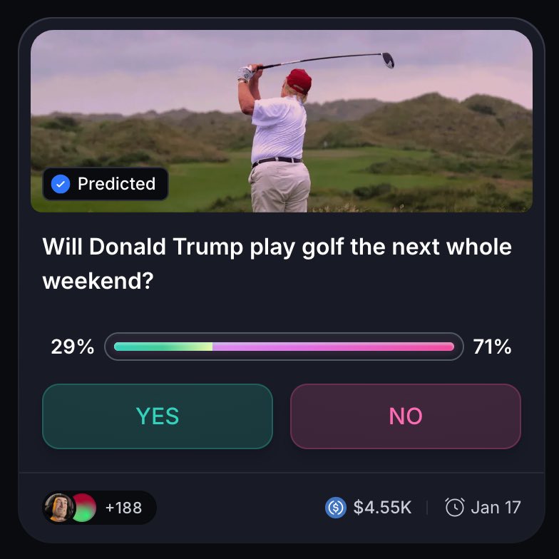 only1mrwhite's tweet photo. there's absolutely no way Trump gonna play golf all weekend while having so much beef going on!

the YES predictors are praying for some miracle to happen here i guess😅

whatever i just full ported on "NO",  did i see this wrong?
what's your play on this one? https://t.co/x2Kt8bCZvu