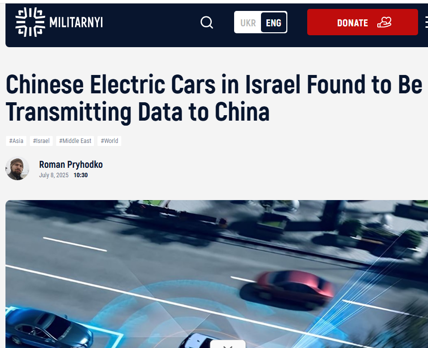 "The Israeli Ministry of Defense has officially suspended the supply of Chinese electric vehicles from BYD to IDF officers due to concerns over data collection via embedded communication systems and sensors.

Ynetnews reported on this.

The ban came after numerous warnings from