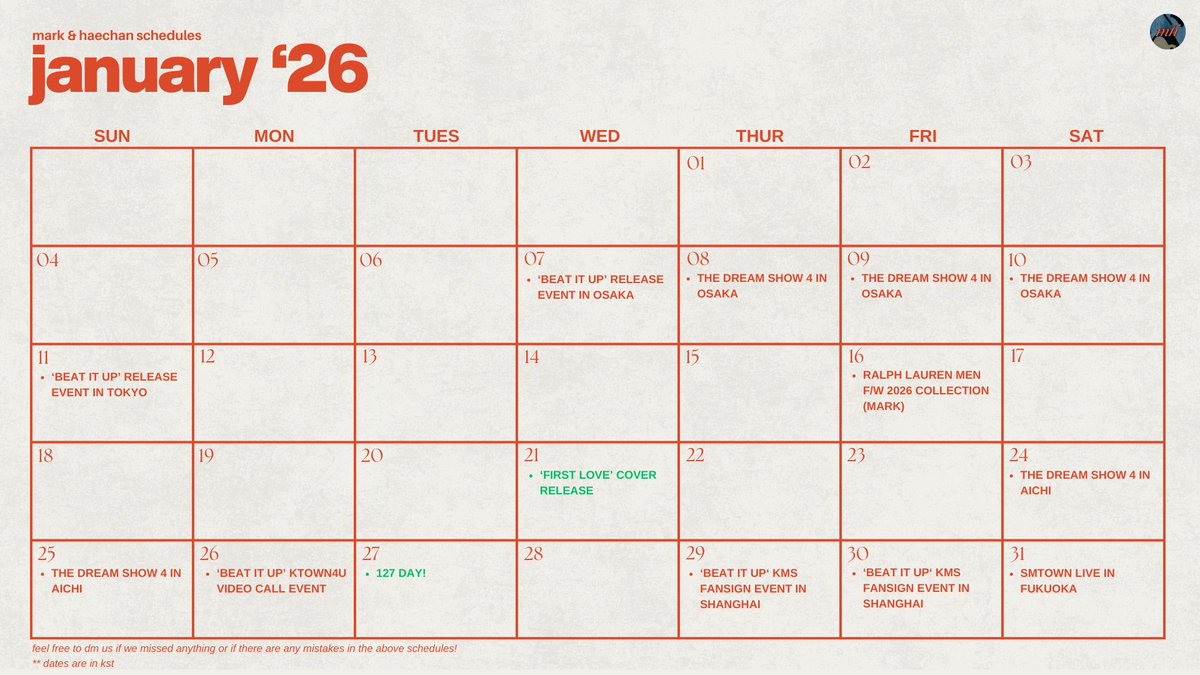 formahaeph's tweet image. 🗓️ JANUARY 2026 .ᐟ        

ⓘ please do let us know in case there are schedules that we missed or if there's any mistake in the calendar        

** as of 1/17    

#MARK #마크 #HAECHAN #해찬