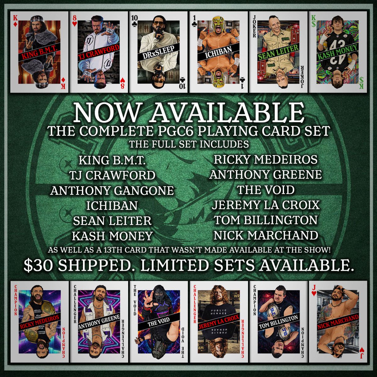 ProvingGroundNE's tweet photo. PROVING GROUND PGC6 PLAYING CARD SET NOW AVAILABLE!
Get this 13 card set of Proving Ground Playing cards created for the PGC6 Tournament (Including a card that wasn't available the night of the show) for just $30 shipped.

Limited Supply Available. Contact us for details. https://t.co/JfEyH2WU8D