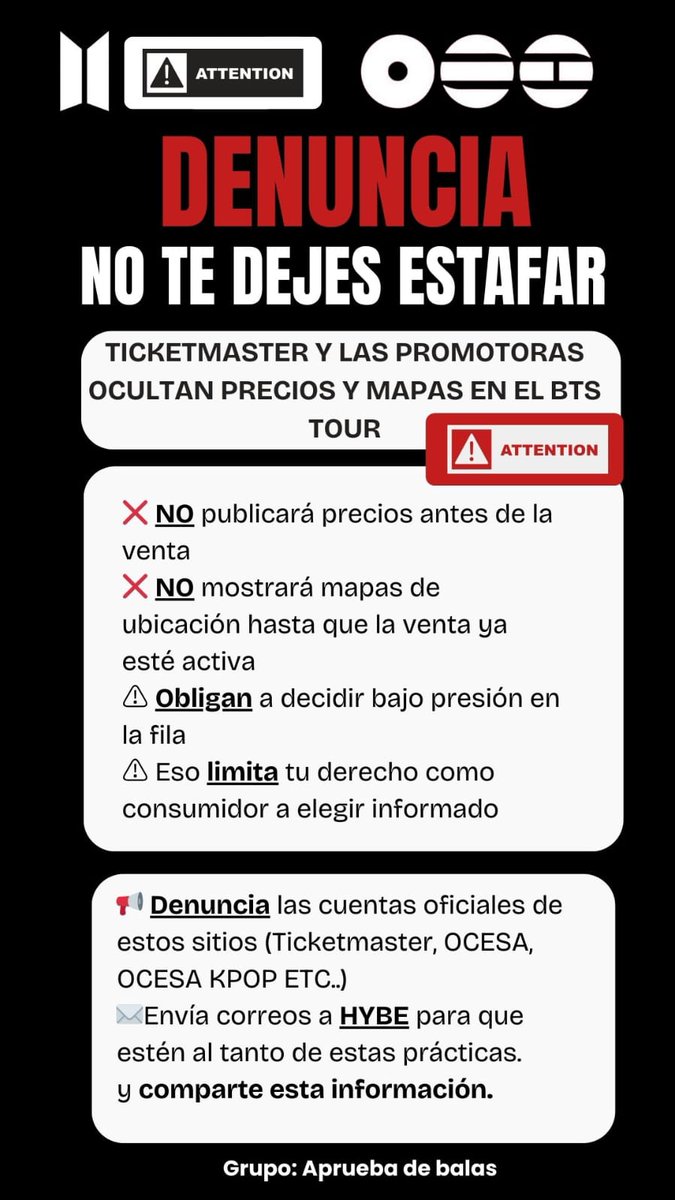 <a href="/ocesa_kpop/">OCESA K-pop</a> Cómo fan, y como consumidor. EXIJO LOS PRECIOS Y EL MAPA DEL RECINTO. Rechazamos completamente la tarifa dinámica. Exigimos precios justos e información clara y de calidad. 
<a href="/ocesa_kpop/">OCESA K-pop</a> <a href="/Ticketmaster_Me/">Ticketmaster México</a>
#OcesaArmyQuierePreciosyMapa 
#preciosclaros #btsworldtour2026
